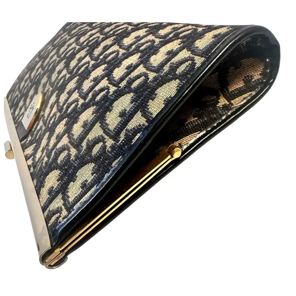 Vintage Christian Dior Oblique Trotter Frame Clutch Navy Canvas Made France